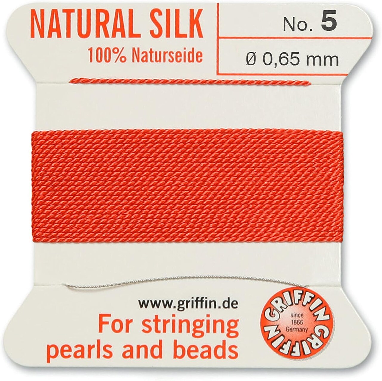 Griffin Silk Bead Cord Perlseide – Size 5 (0.65mm) – 2 Meters per Card – Stainless Steel Needle Attached – for Knotting Pearls, Gemstones, Crystals and Beads